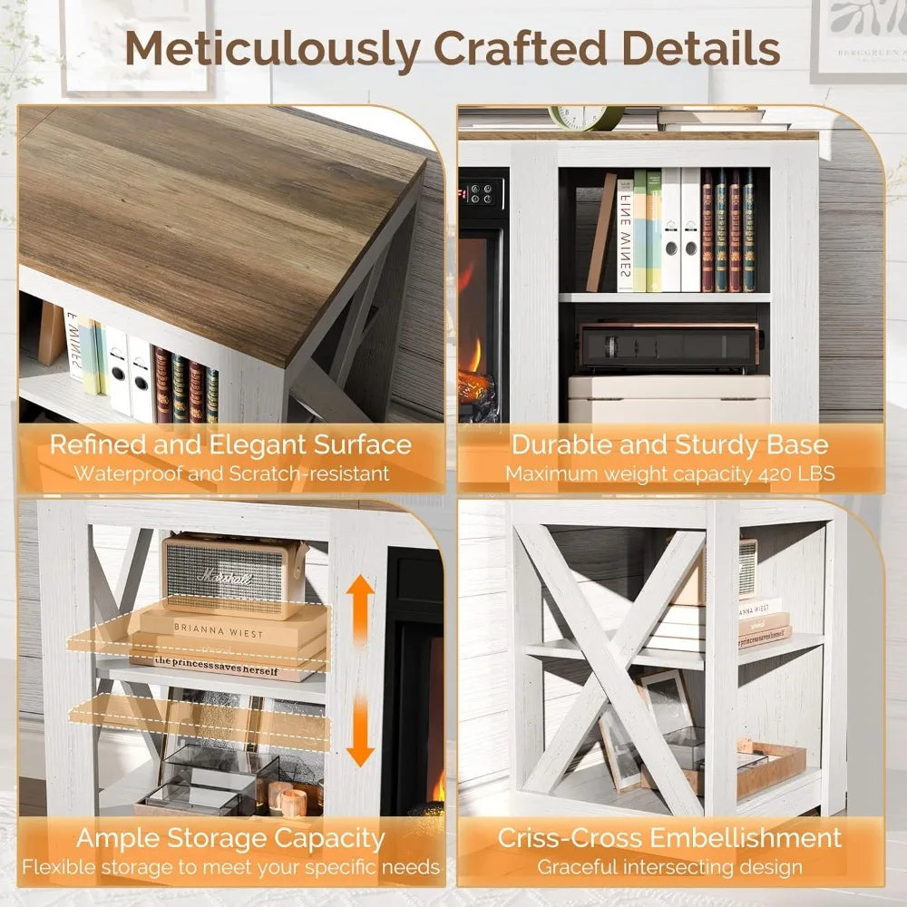 Farmhouse Fireplace Television Cabinetry With Electric Fireplace And Adjustable Shelves
