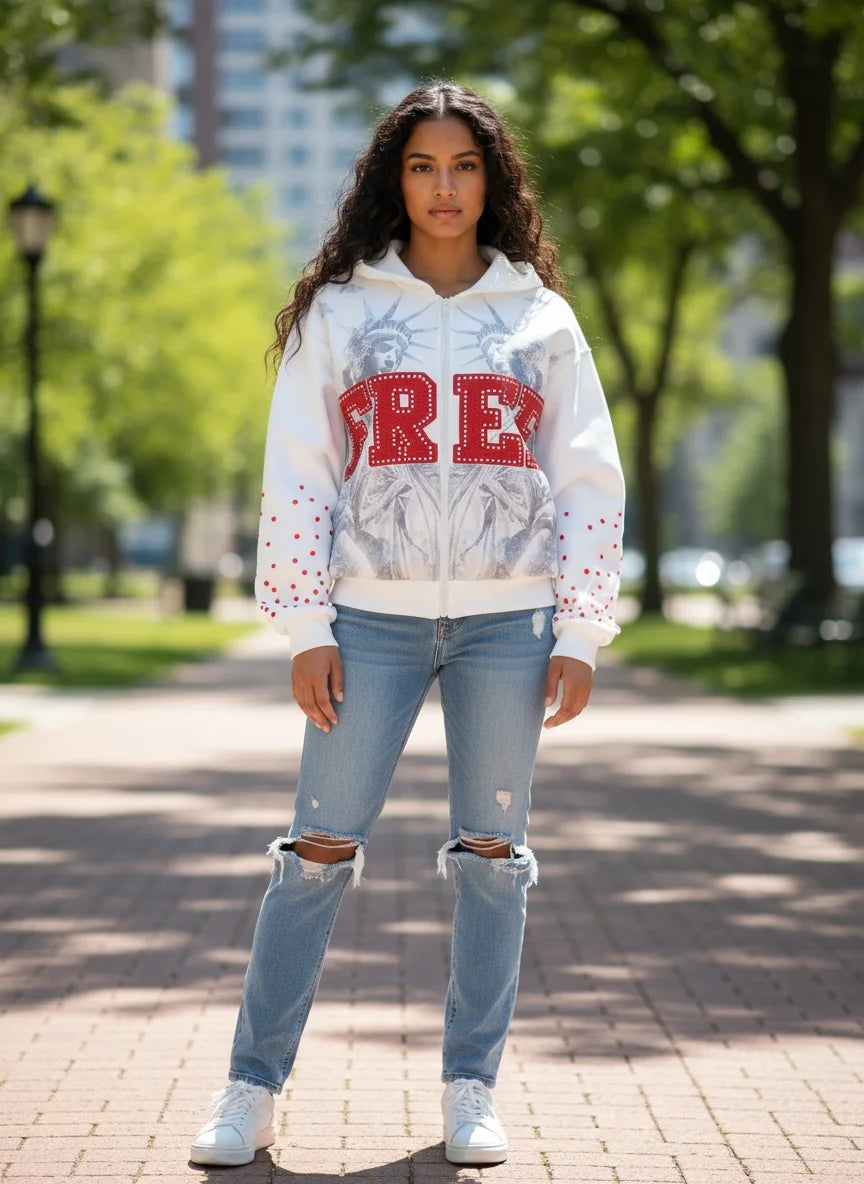 Fashionable rhinestone style loose hooded sweatshirt, American-style hooded embroidered casual hooded shirt