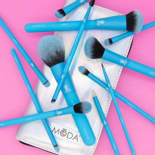 Electric Neon Blue Makeup Brush Kit – 13pc Vibrant Brush Set for Face & Eyes with Zip Case