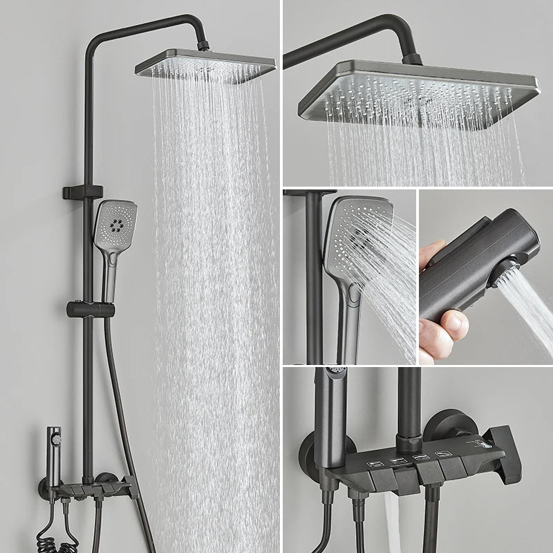 MYQualife Brass Shower System Set With Rainfall Head Wall Mounted Hot Cold Water