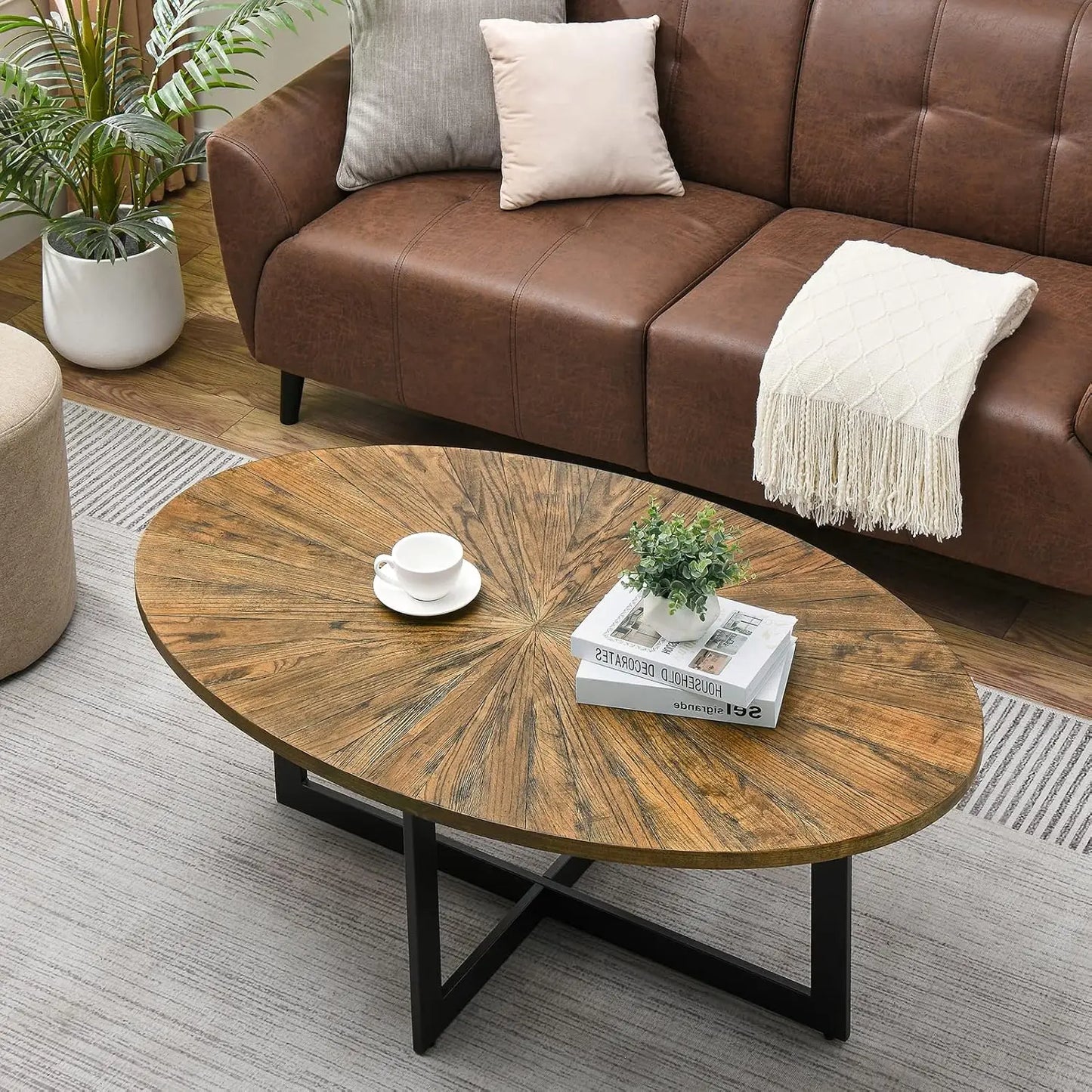 Solid Wood Oval Coffee Table With Cross Metal Legs