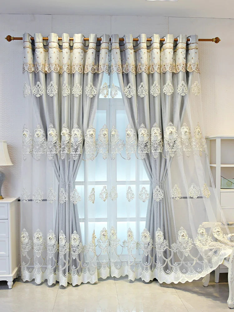 Double Layer Blackout Curtains With Embossed Base And 3D Embroidered Detailing In Polyester For Bedroom And Living Room