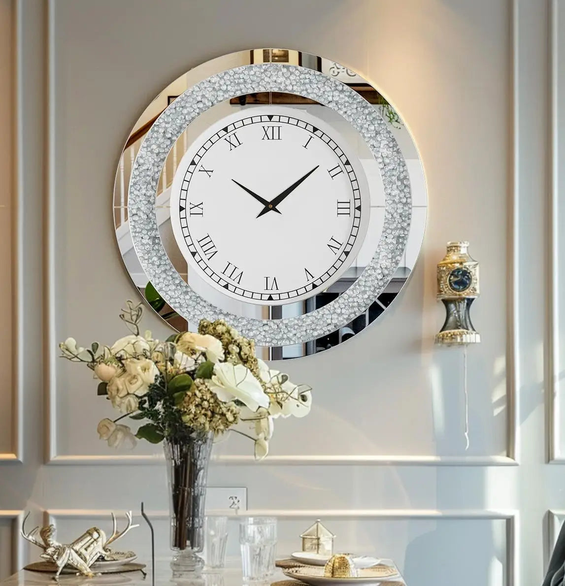 Glam Sparkle Mirrored Wall Clock for Home Decor With Shiny Mirror Finish Accent Detail
