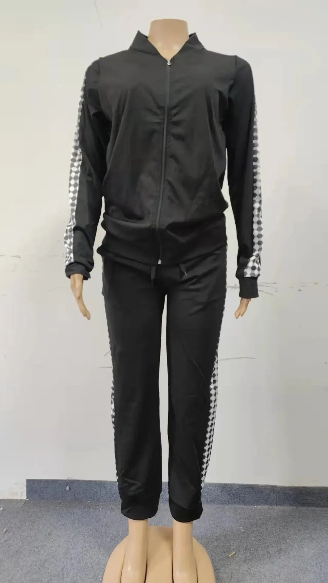 Women's Plaid Patchwork Zipper Top And Drawstring Pants Set