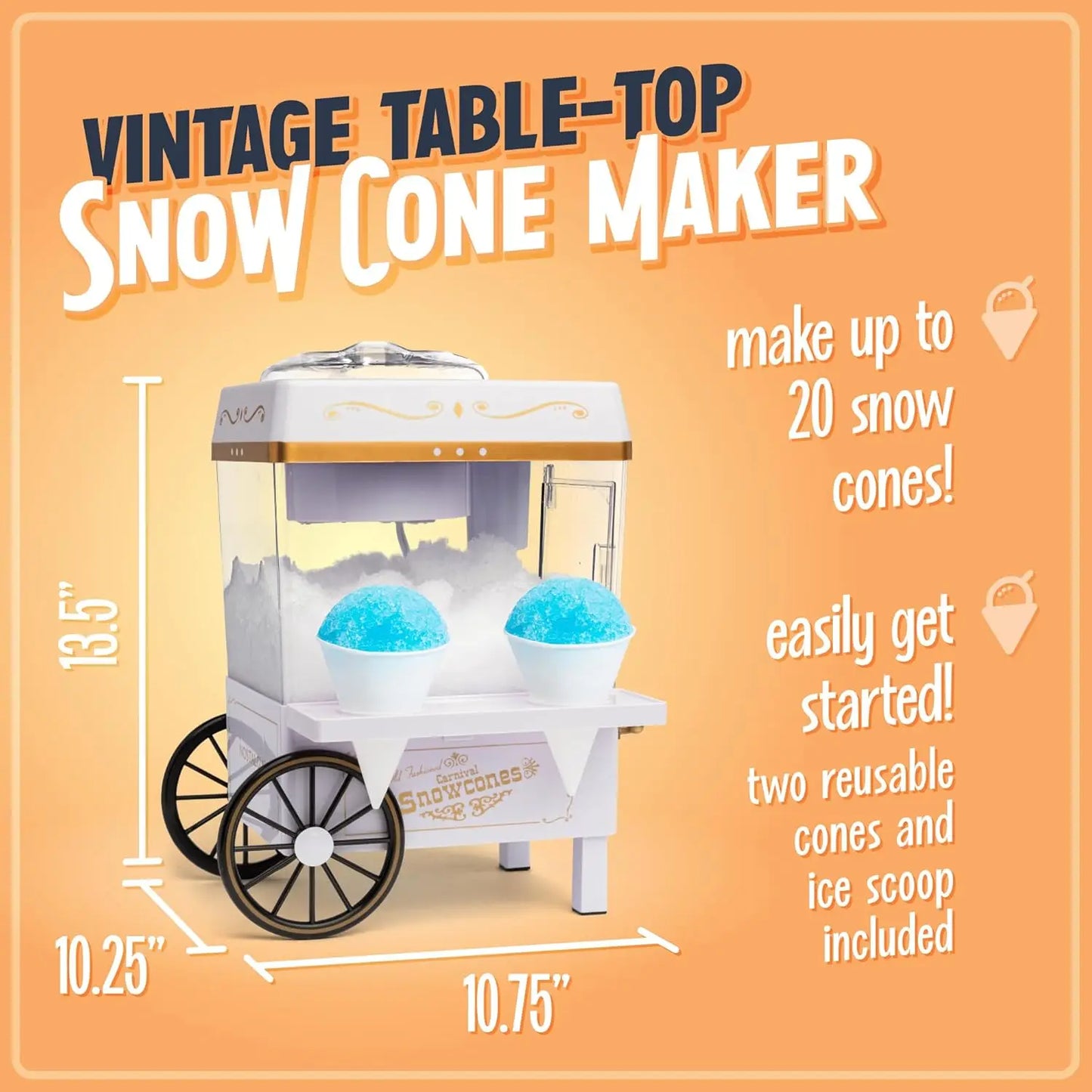 Snow Cone Shaved Ice Machine - Retro Table-Top Slushie Machine Makes 20 Icy Treats - Includes 2 Reusable Plastic Cups &amp