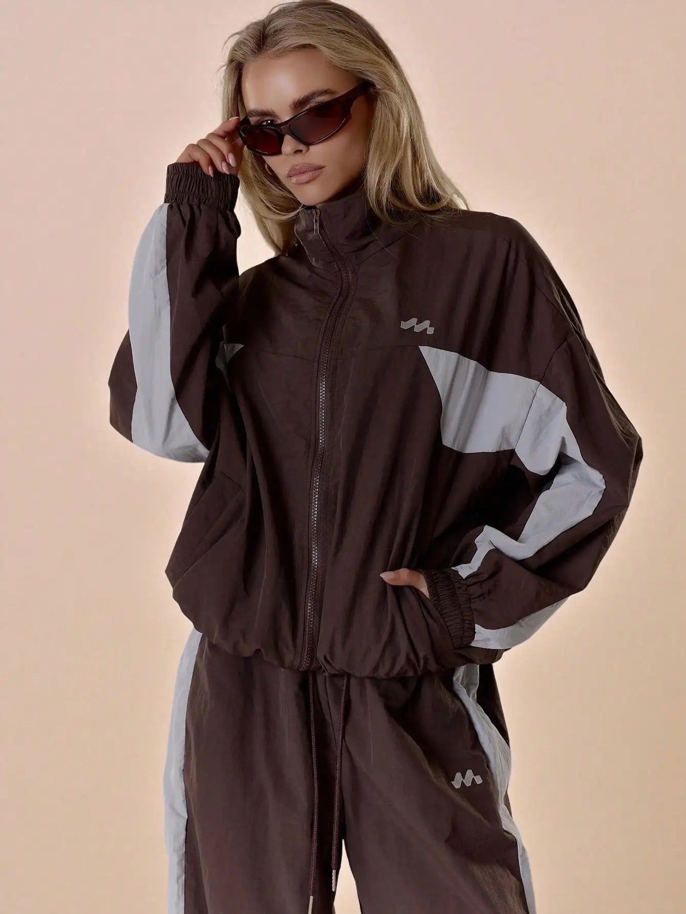 Oversized Nylon Track Jacket with Contrast Panels, Full Zip, Sporty Style for Spring Festival & Everyday Wear