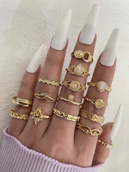 15pcs Gold Tone Boho Ring Set with Opal & Rhinestone Accents for Women