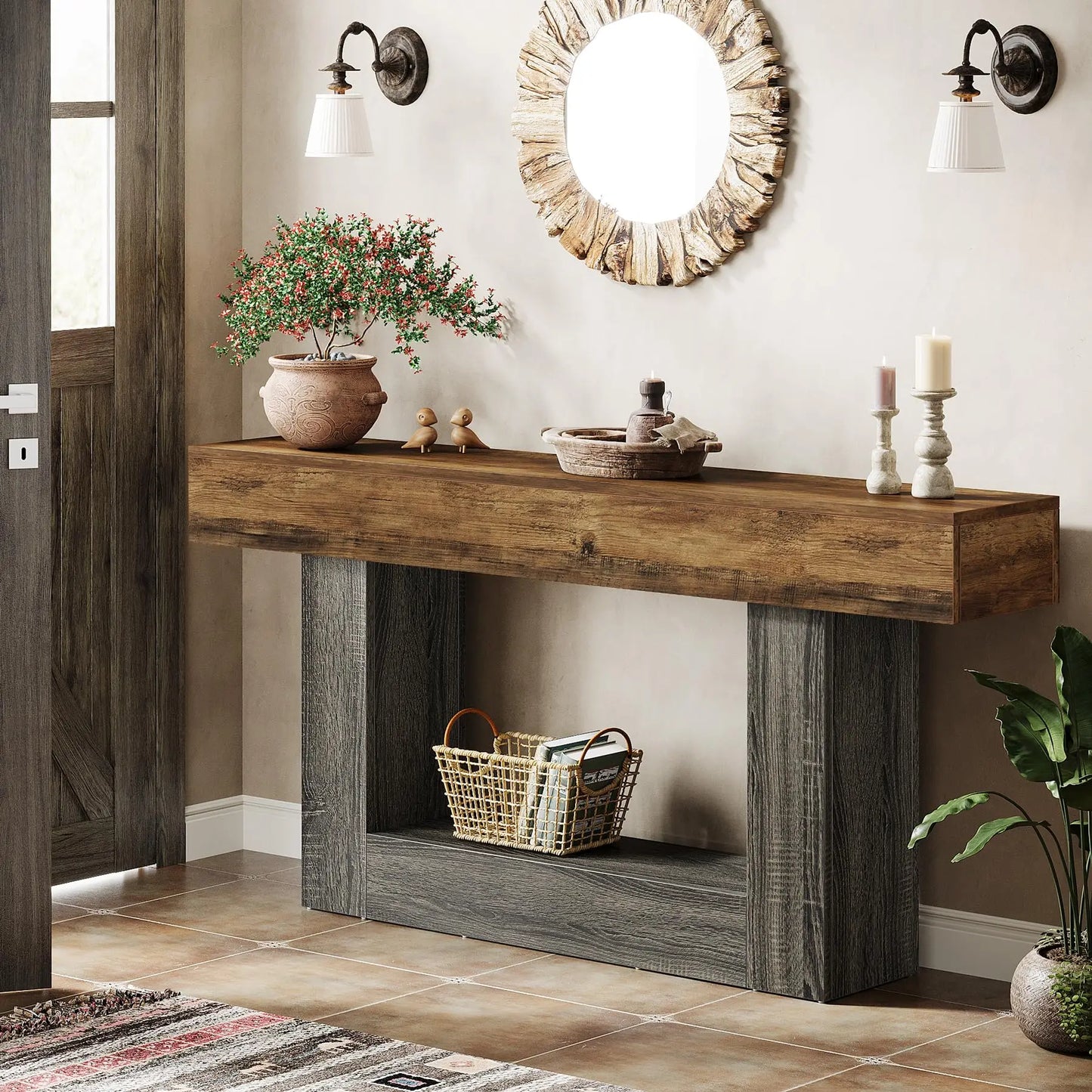 Tribesigns Farmhouse Console Table Two Tier Entryway Table With U Shaped Base Solid Wood