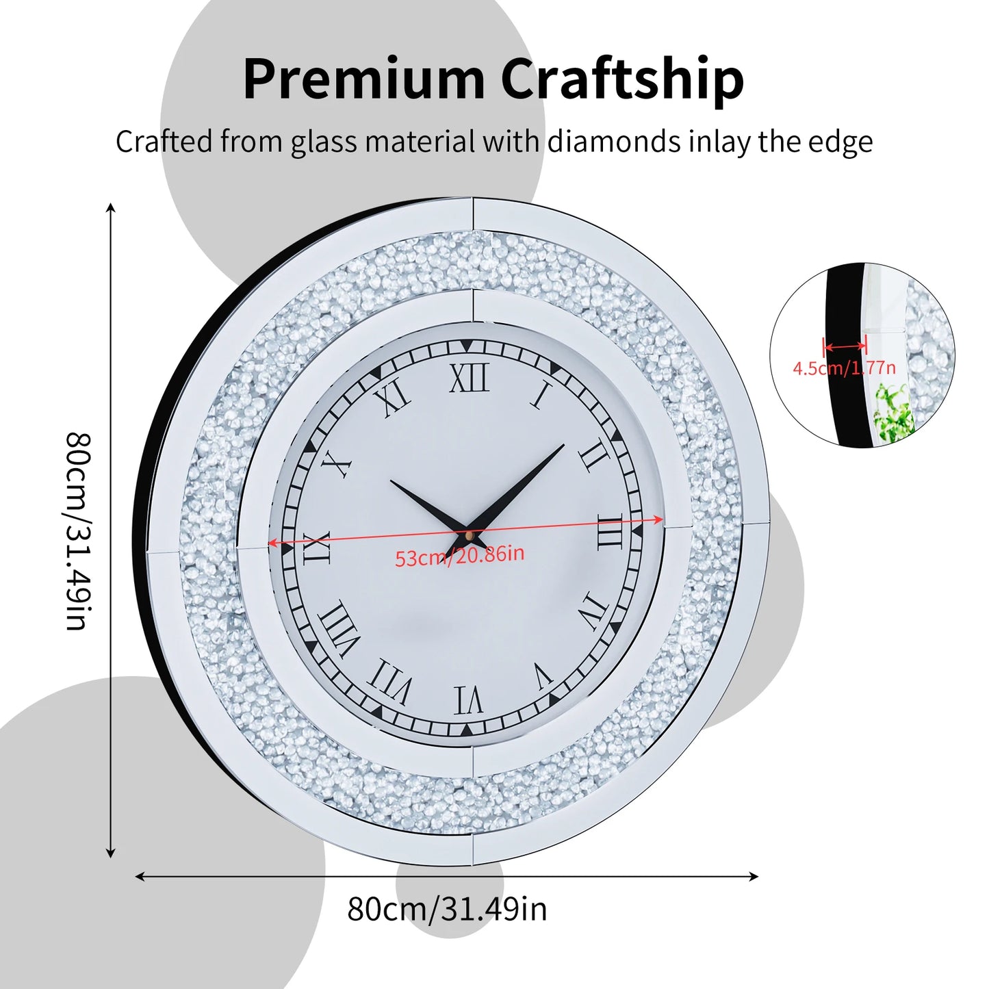 Glam Sparkle Mirrored Wall Clock for Home Decor With Shiny Mirror Finish Accent Detail