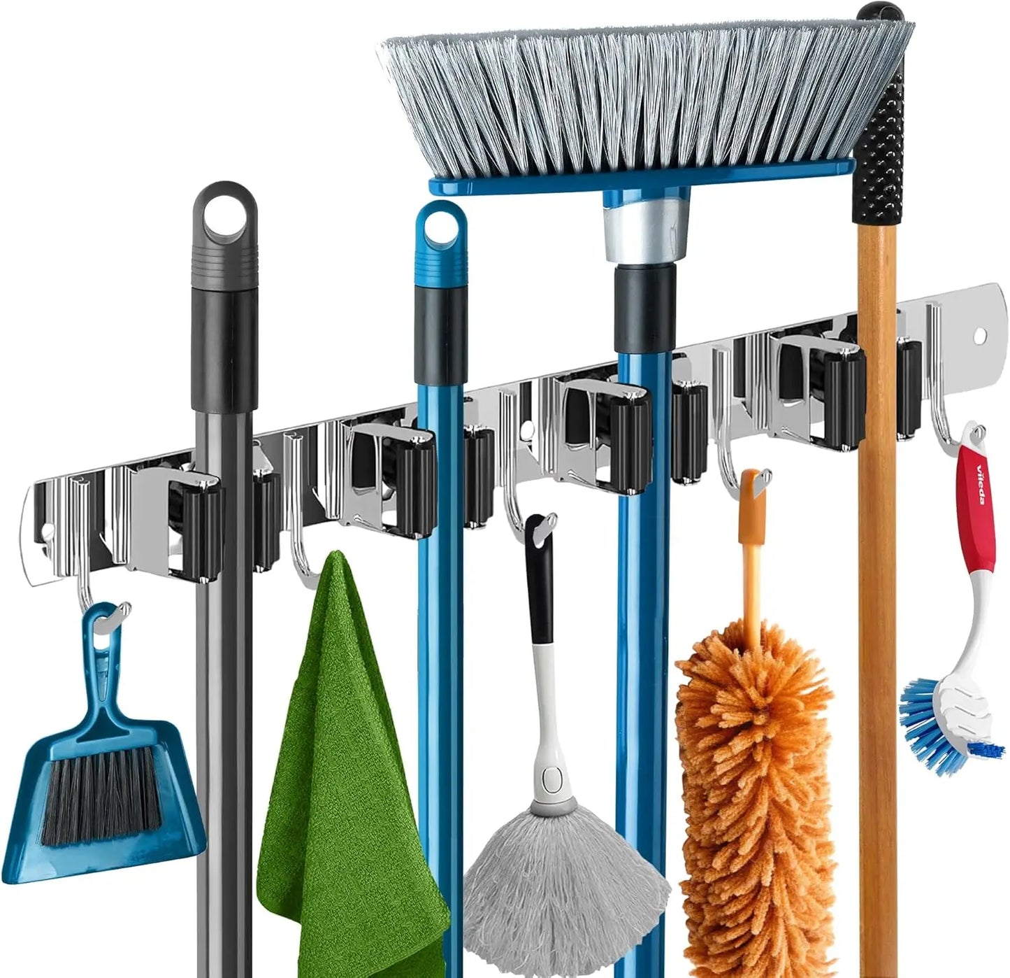 Stainless Steel Mop & Broom Holder Wall Mount – 5-Rack 4-Hook Organizer, Rust-Resistant, Space-Saving for Garage, Kitchen, Laund