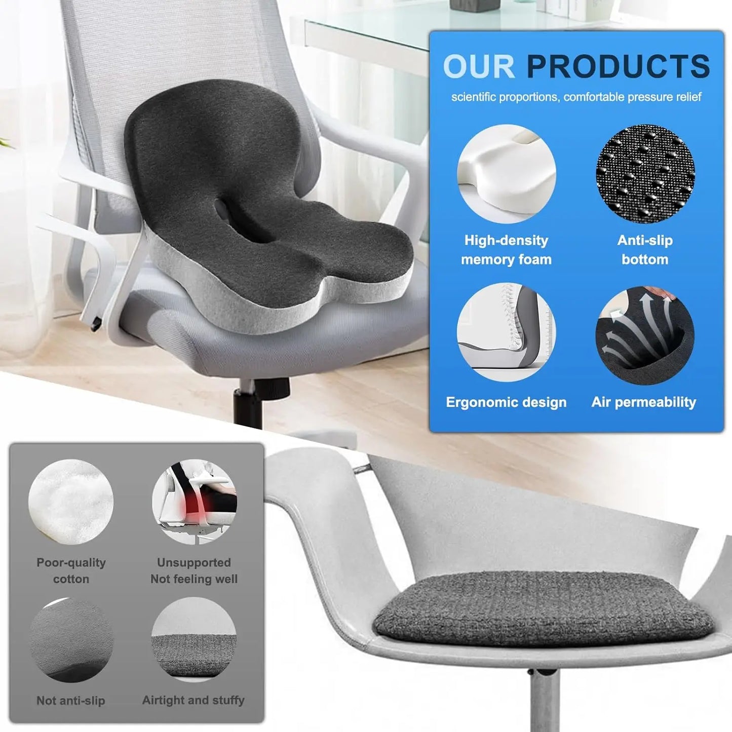 NONECN Memory Foam One Piece Seat Cushion Backrest With Velvet Cover For Office Chairs