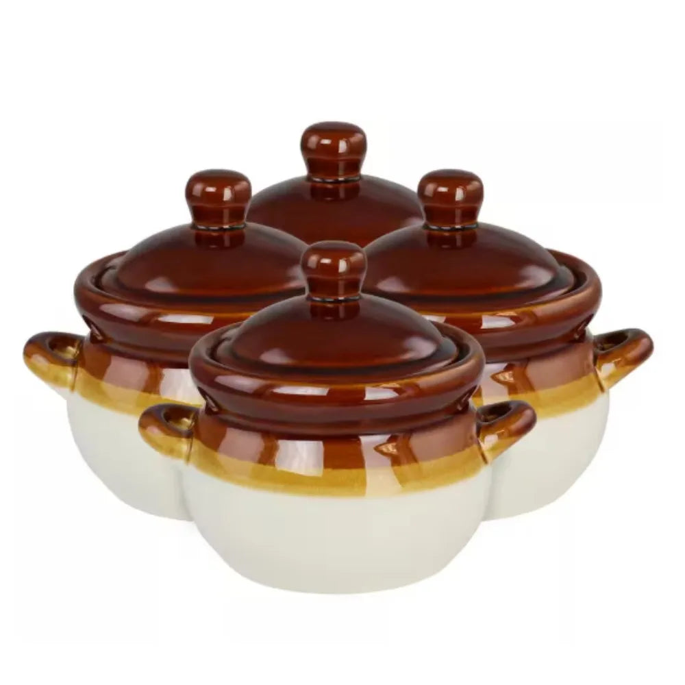 Double Handle 15 fl. oz. Brown Stoneware French Onion Soup Bowl with Lid ,Set of 4