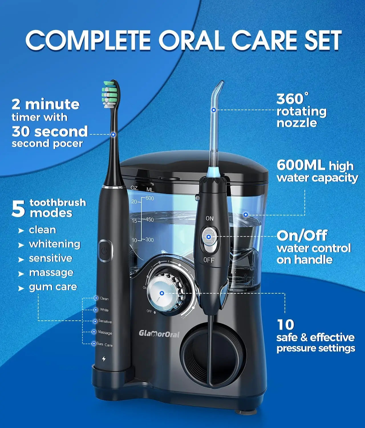 Electric Toothbrush And Water Flosser Combo With 7 Tips 10 Pressure Settings 5 Modes
