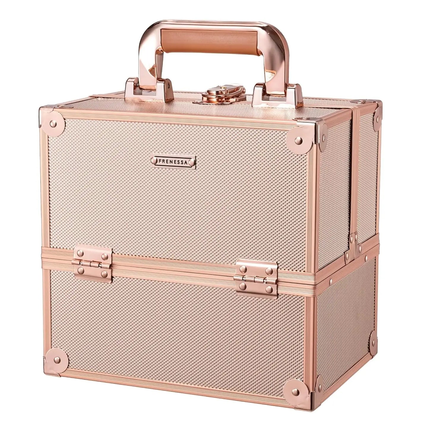 Portable Makeup Train Case with Dividers & Lock, Rose Gold Travel Cosmetic Organizer for Artists, Nail, Sewing Storage