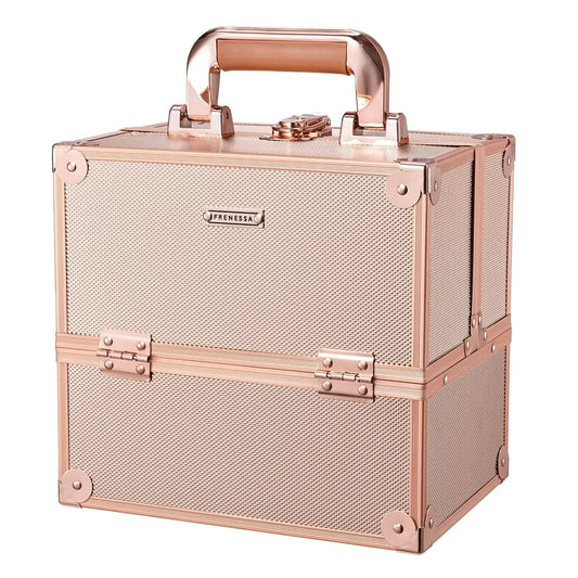 Portable Makeup Train Case with Dividers & Lock, Rose Gold Travel Cosmetic Organizer for Artists, Nail, Sewing Storage