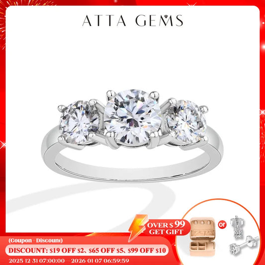 ATTAGEMSC Moissanite Rings Three Round Cut S925 Sterling Silver