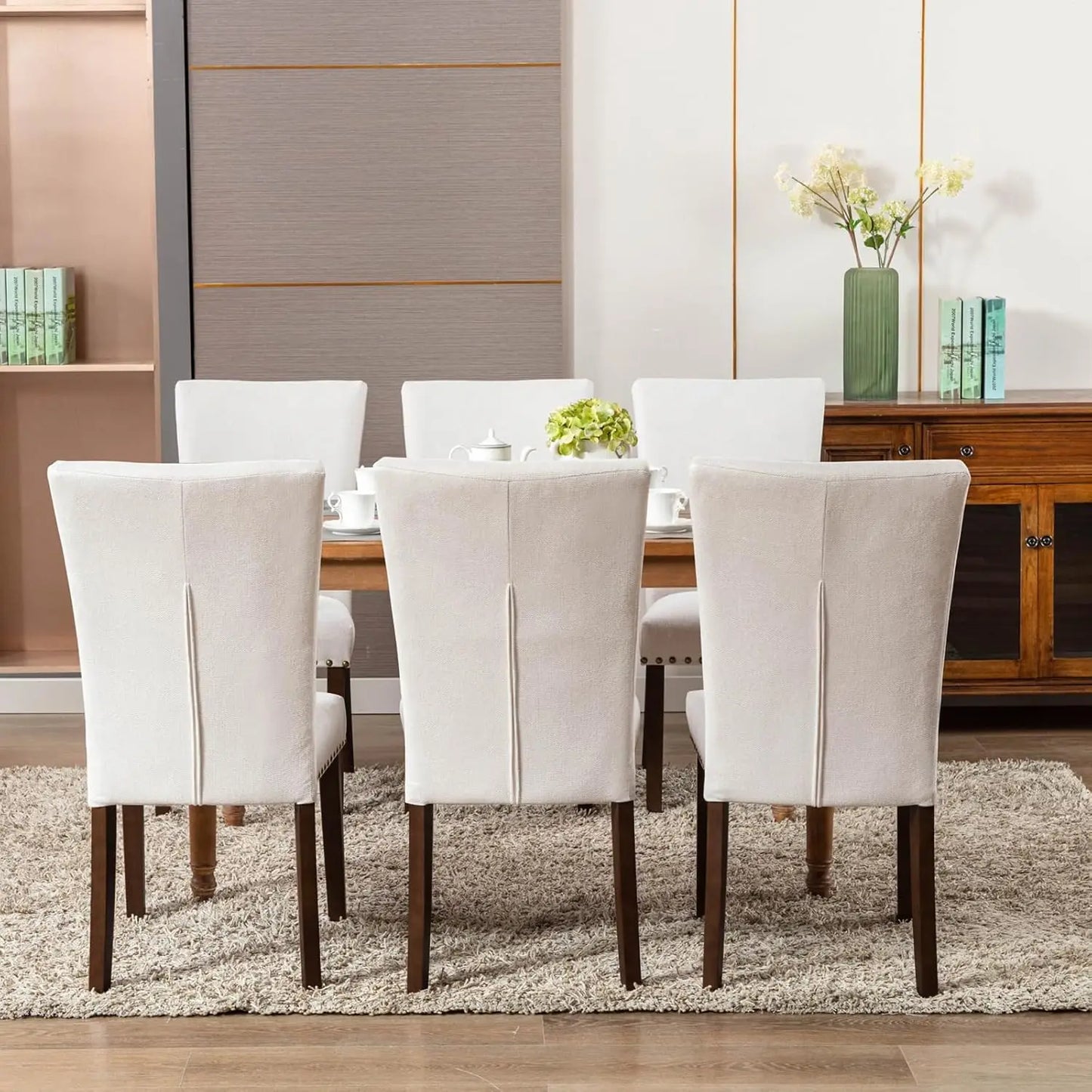 Upholstered Dining Chairs Set of 4, Parsons Style Linen Beige Accent Chairs with High Back, for Round Kitchen Table or Small Di