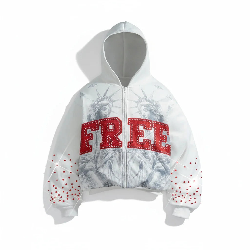 Fashionable rhinestone style loose hooded sweatshirt, American-style hooded embroidered casual hooded shirt