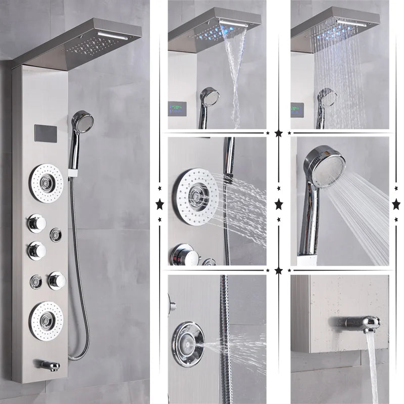Uythner HighIntensityLED Shower Panel System With Rainfall Massage Temperature Display