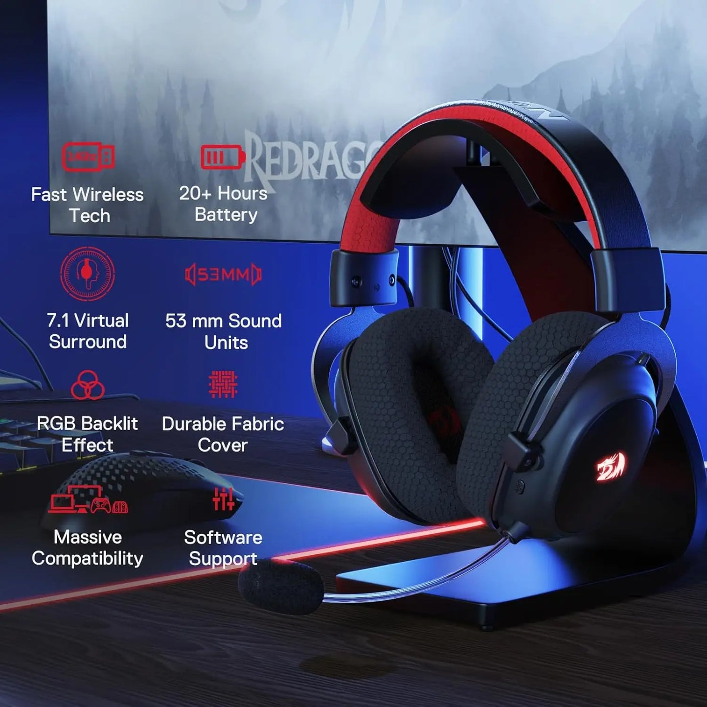 Redragon H510 Pro Zeus X Wireless Gaming Headset Surround Sound