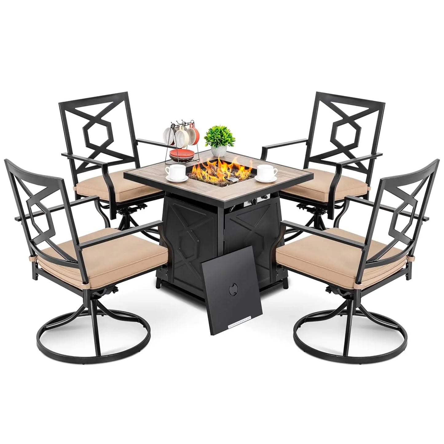 5-Piece All-Weather-Heavy-Duty Outdoor Patio Set With Fire Pit Table Swivel-Chairs