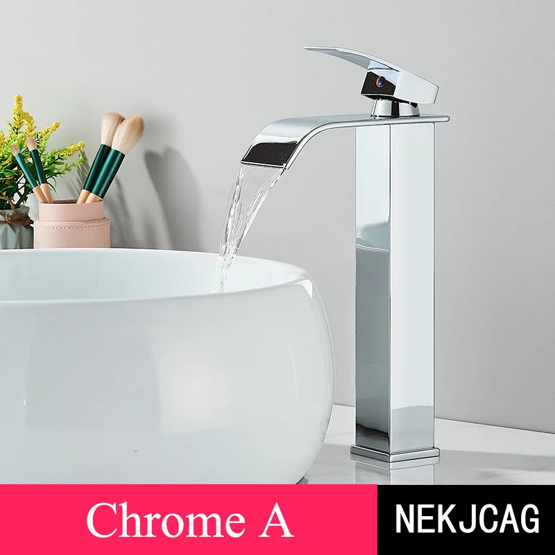 Matte Black Basin Faucet Waterfall Washbasin Vanity Above Counter Sink Faucet Hot & Cold Mixer Tap Deck Mounted Bathroom Crane