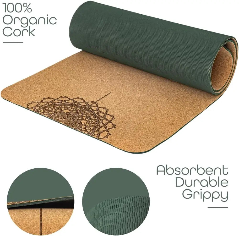 6mm Thick Cork Yoga Mat with Carrying Strap, Non-Slip & Sweat-Resistant for Home Gym Fitness