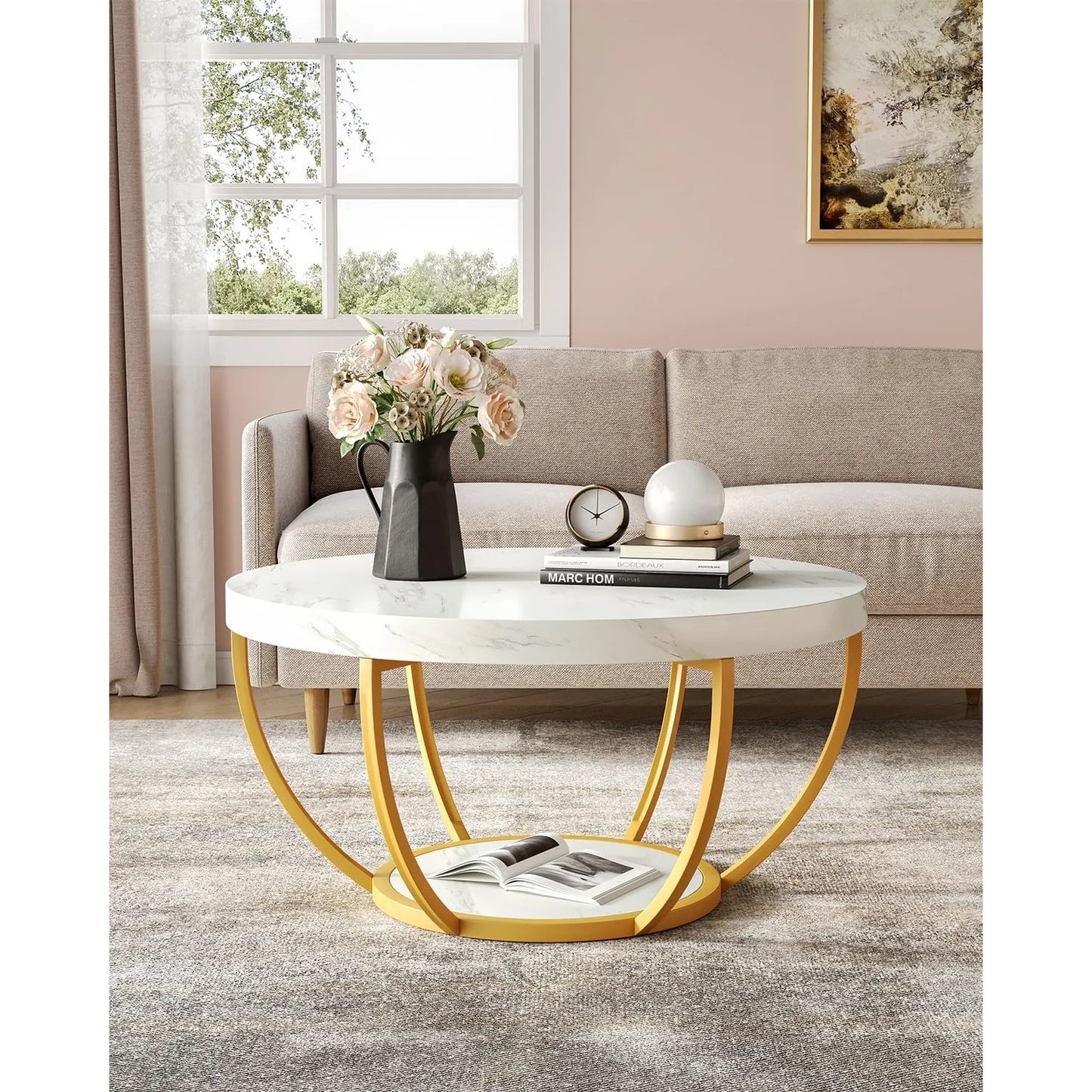 LITTLE TREE Round Coffee Table 2-Tier Open Storage For Living Room Modern Home Furniture