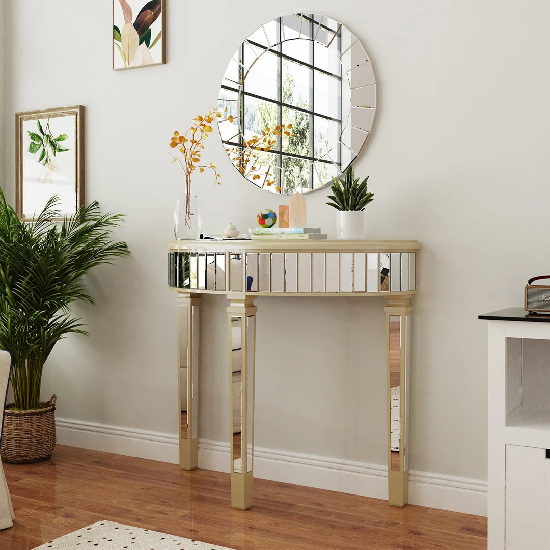Modern HalfMoon Mirrored Console Table for Living Room and Hallway