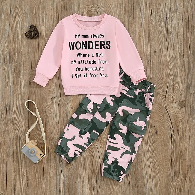Pudcoco Girls TwoPiece AutumnOutfit LongSleeve ONeck CamouflagePants LetterPrint EverydayWear