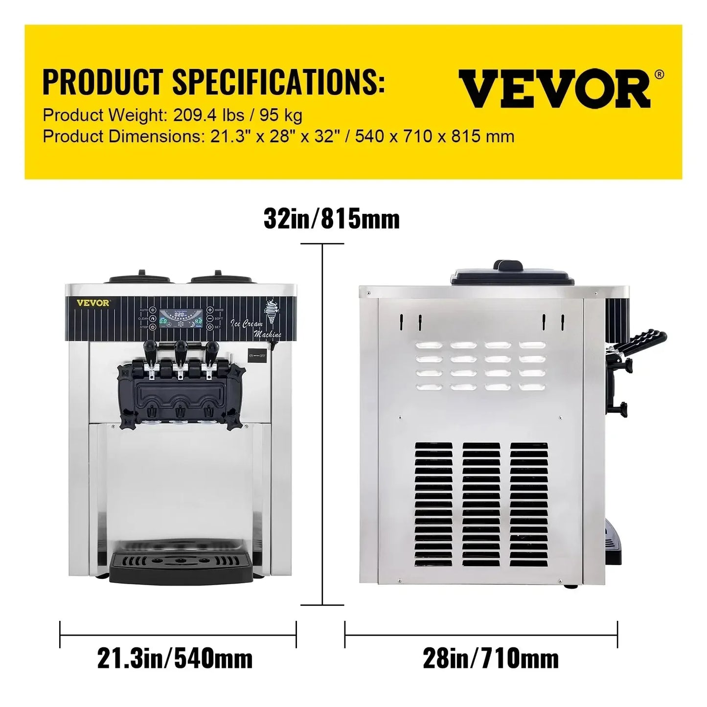 Sihao 2200W Ice Cream Machine 5.3-7.4Gal/H Soft Serve with LED Display Auto Clean 3 Flavors Sweet Cone Freezing Equipment
