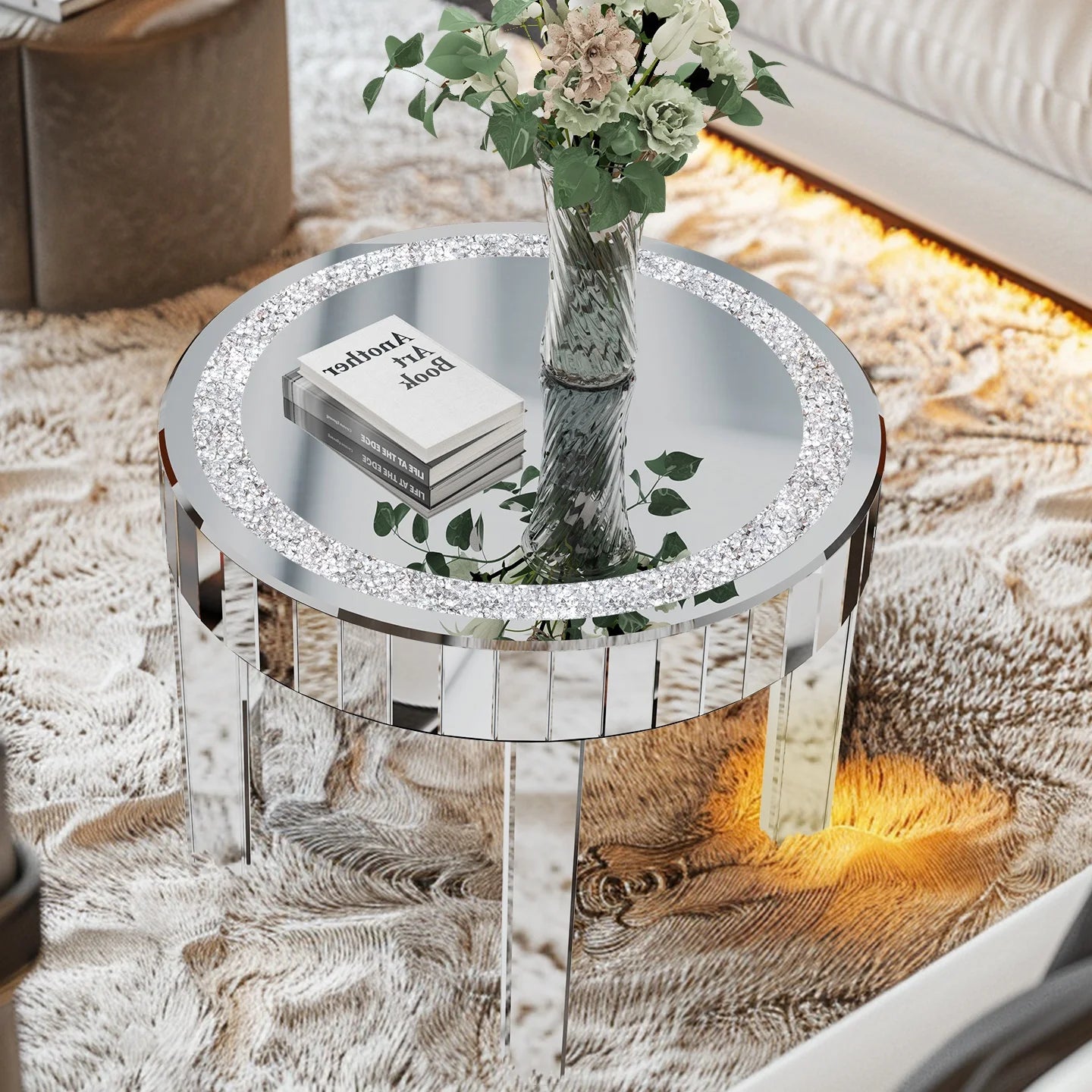 LUVODI Luxurious Round Bejeweled Mirrored Nightstand With Crystal Inlay Detailing