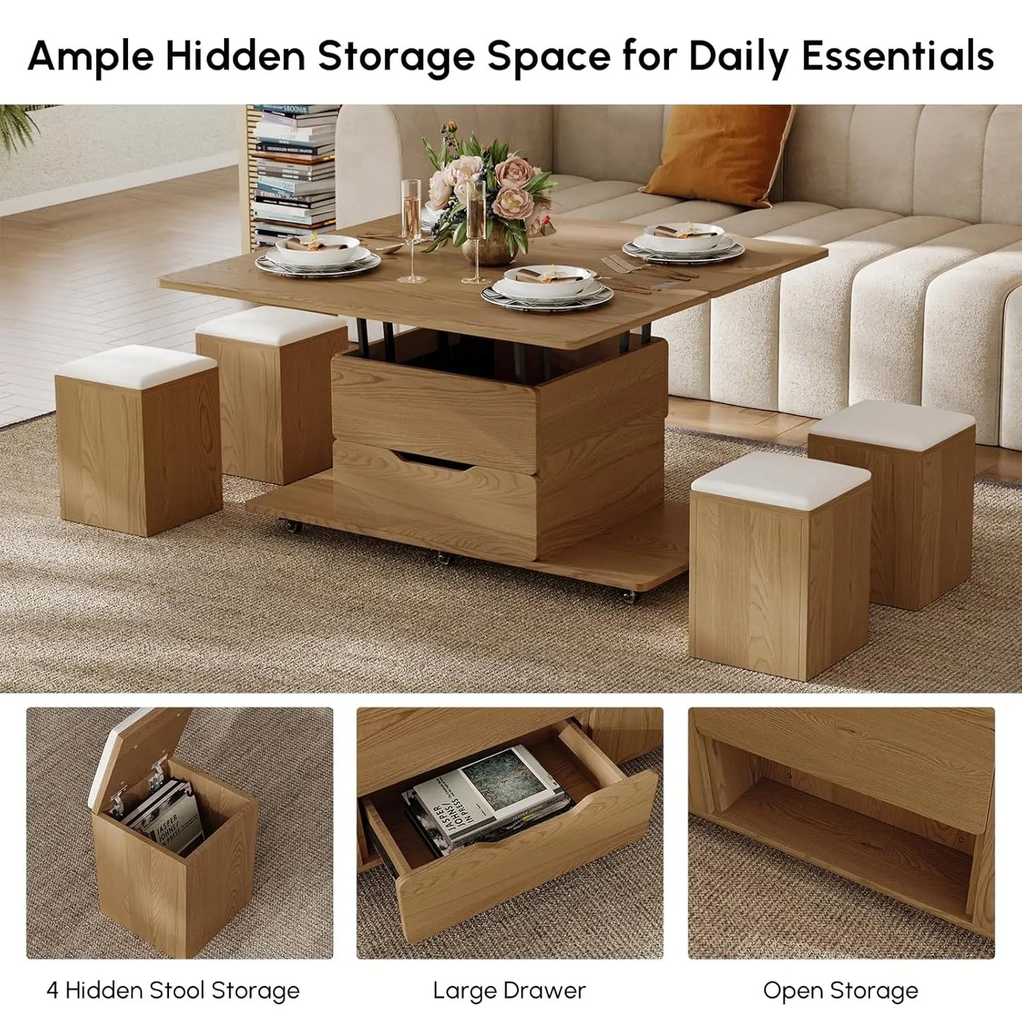 Natural Lift Top Coffee Table With Hidden Storage And Four Stools Three In One Modern Multi Function Center Table