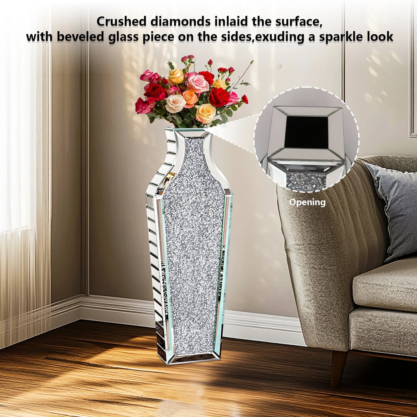 Crushed Diamond Floor Vase Crystal Silver Glass Mirrored Home Decor