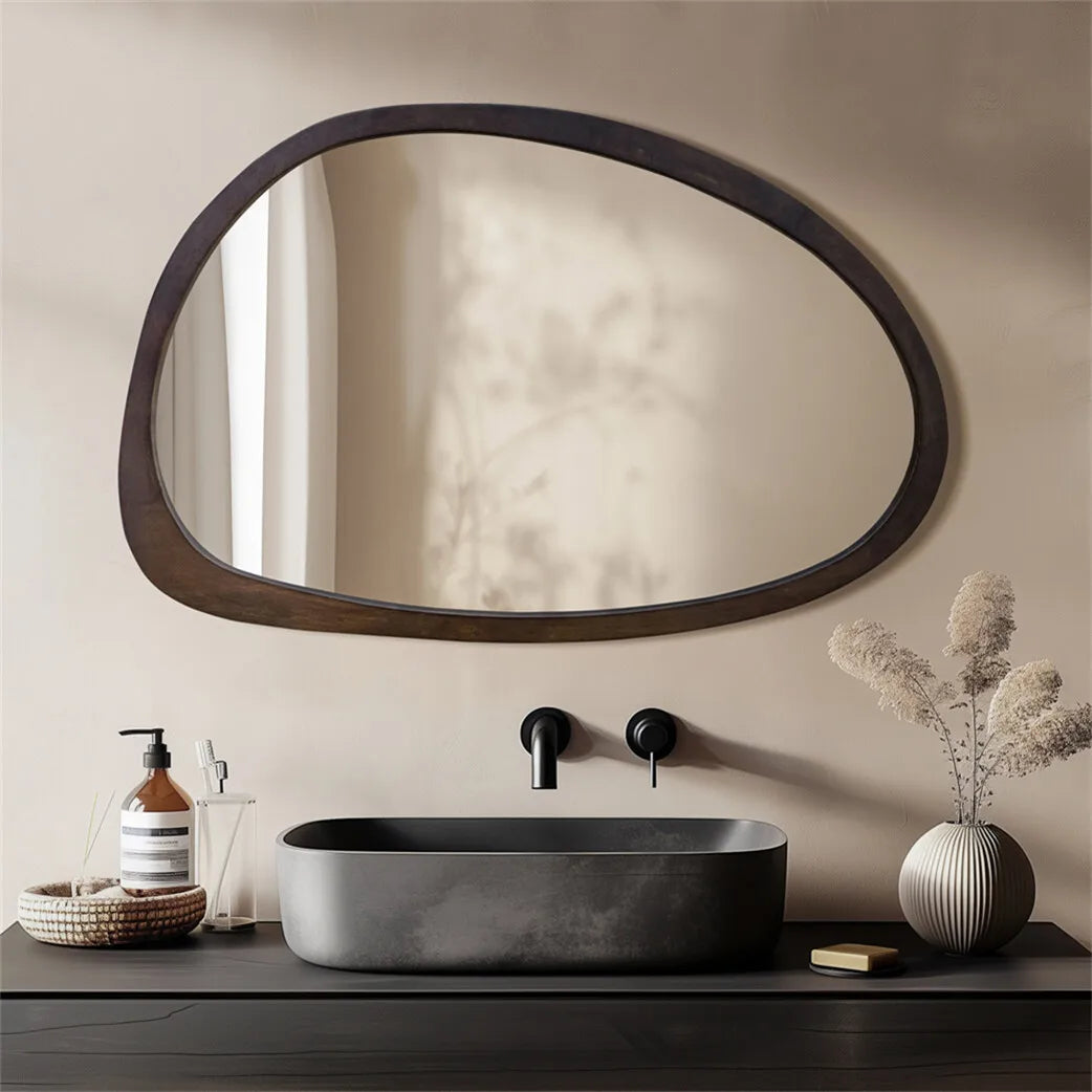 BORWART Walnut Wood Frame Wall Mirror Decorative Irregular Industrial Style for Living Room Bedroom Bathroom Entryway