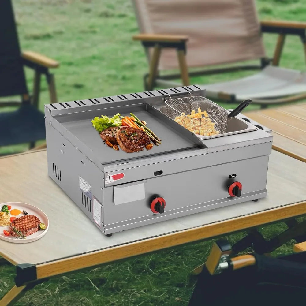 Dual Burner Countertop Cooking Station with Stainless Steel Fryer and Gas Griddle