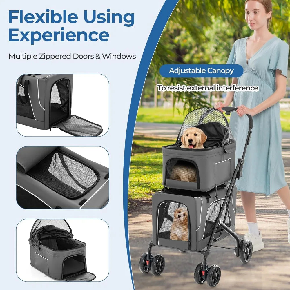 RBXC Two Dog Stroller With Detachable Carriers And Safety Belt