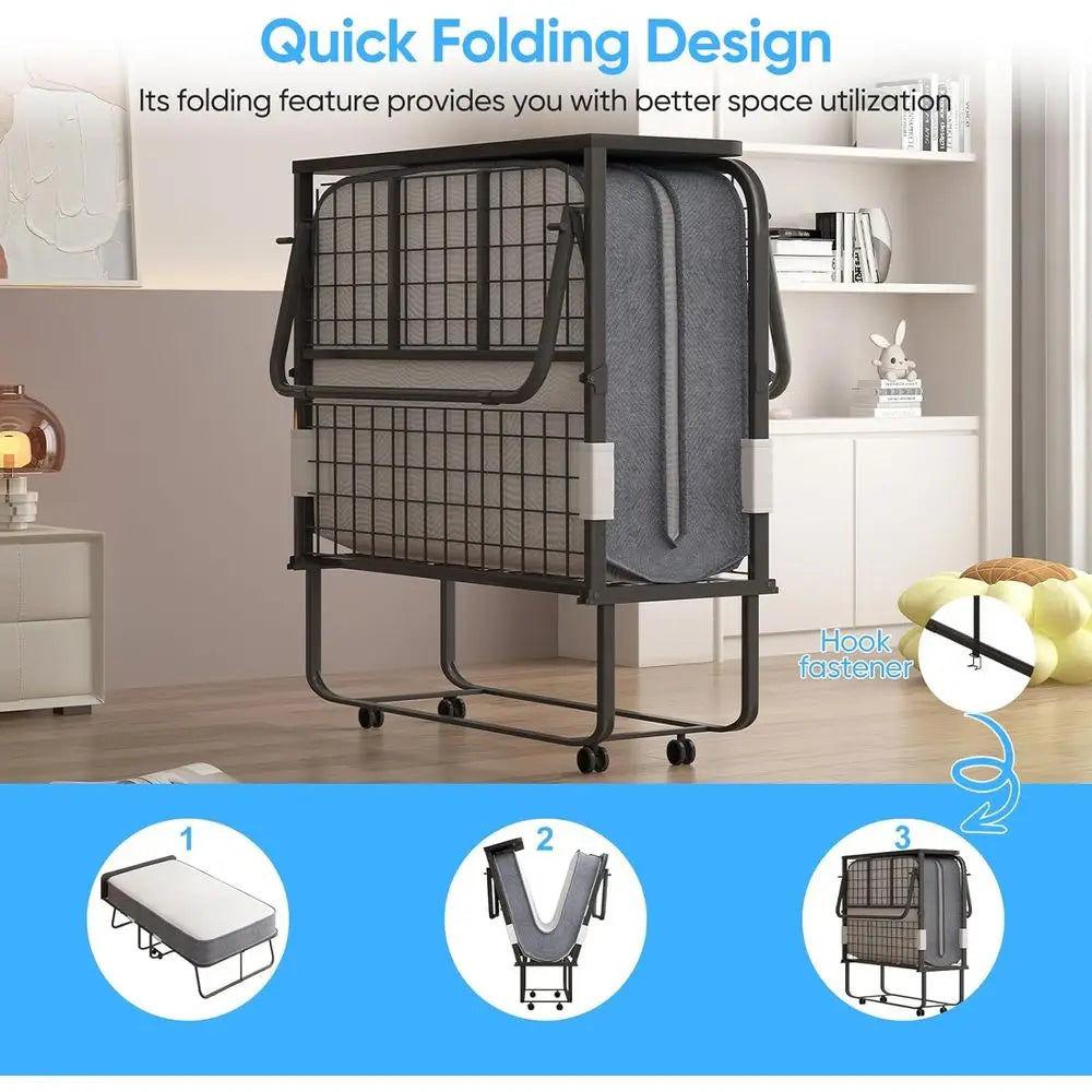 ZHUXIANG Portable Rollaway Bedstead With Mattress Headboard And Reinforced Casters
