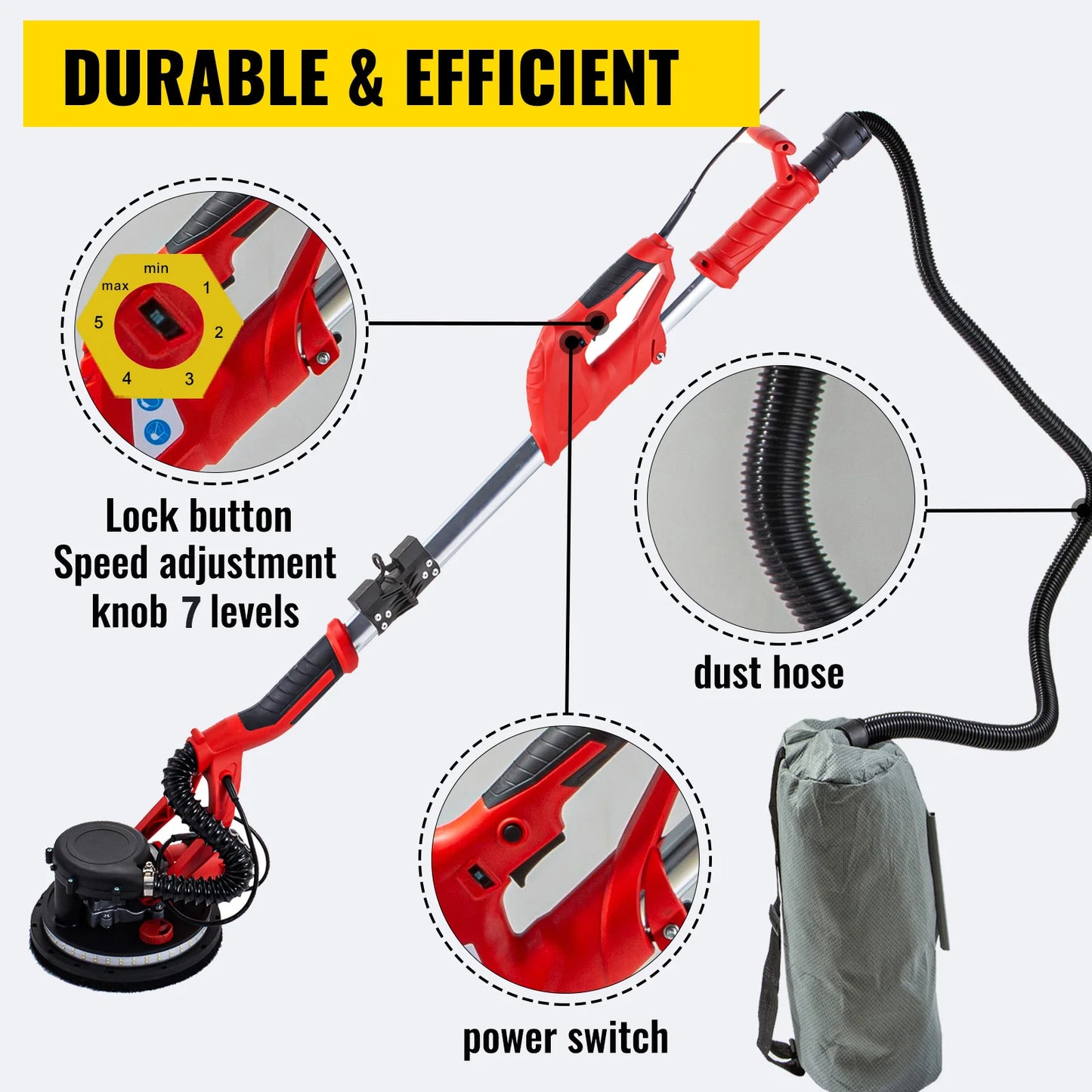 SucceBuy 850W Drywall Sander, Variable Speed 800-1750 RPM, Foldable Sheetrock Sander With Telescoping Handle