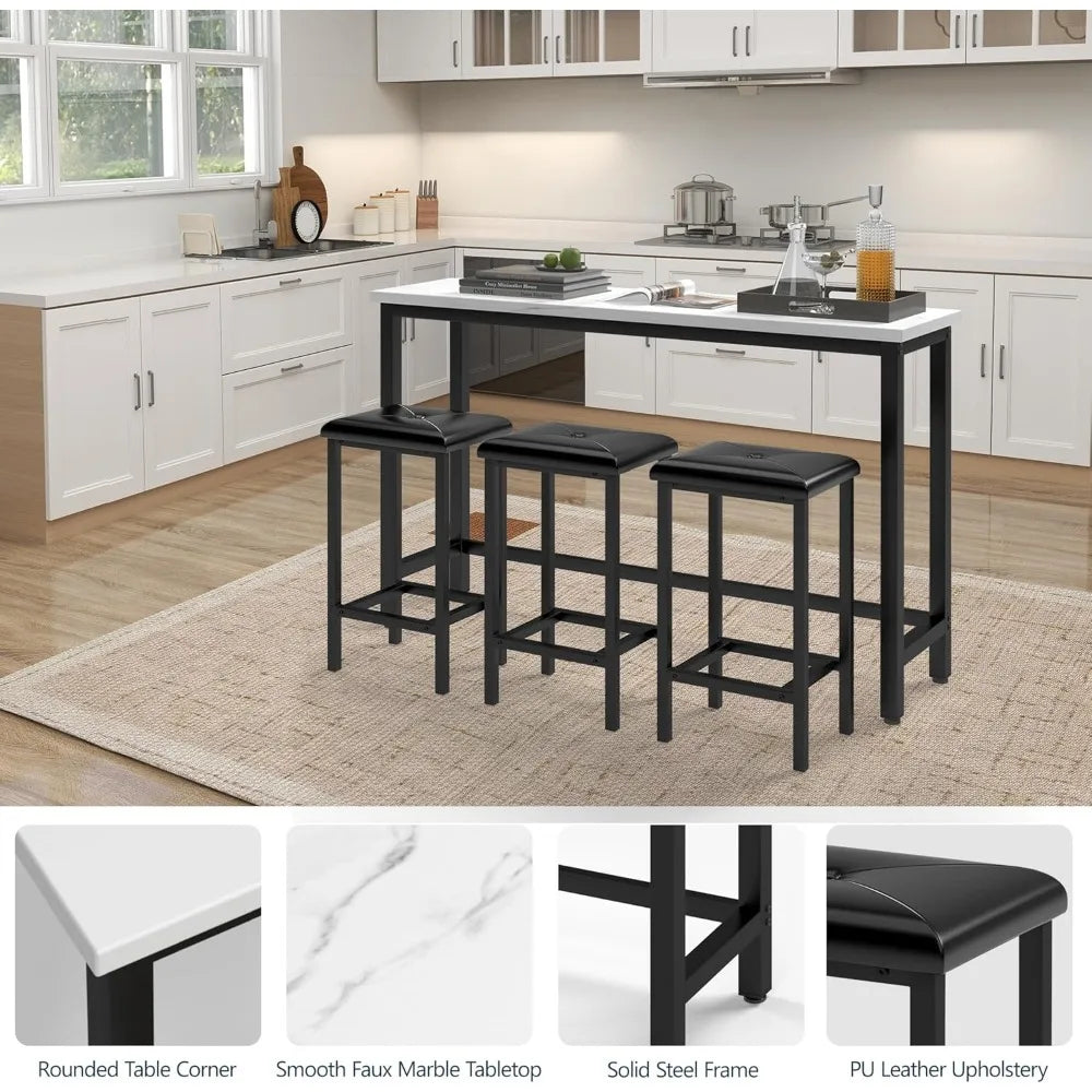 Bar Table and Chairs Set With PU Stools Faux Marble