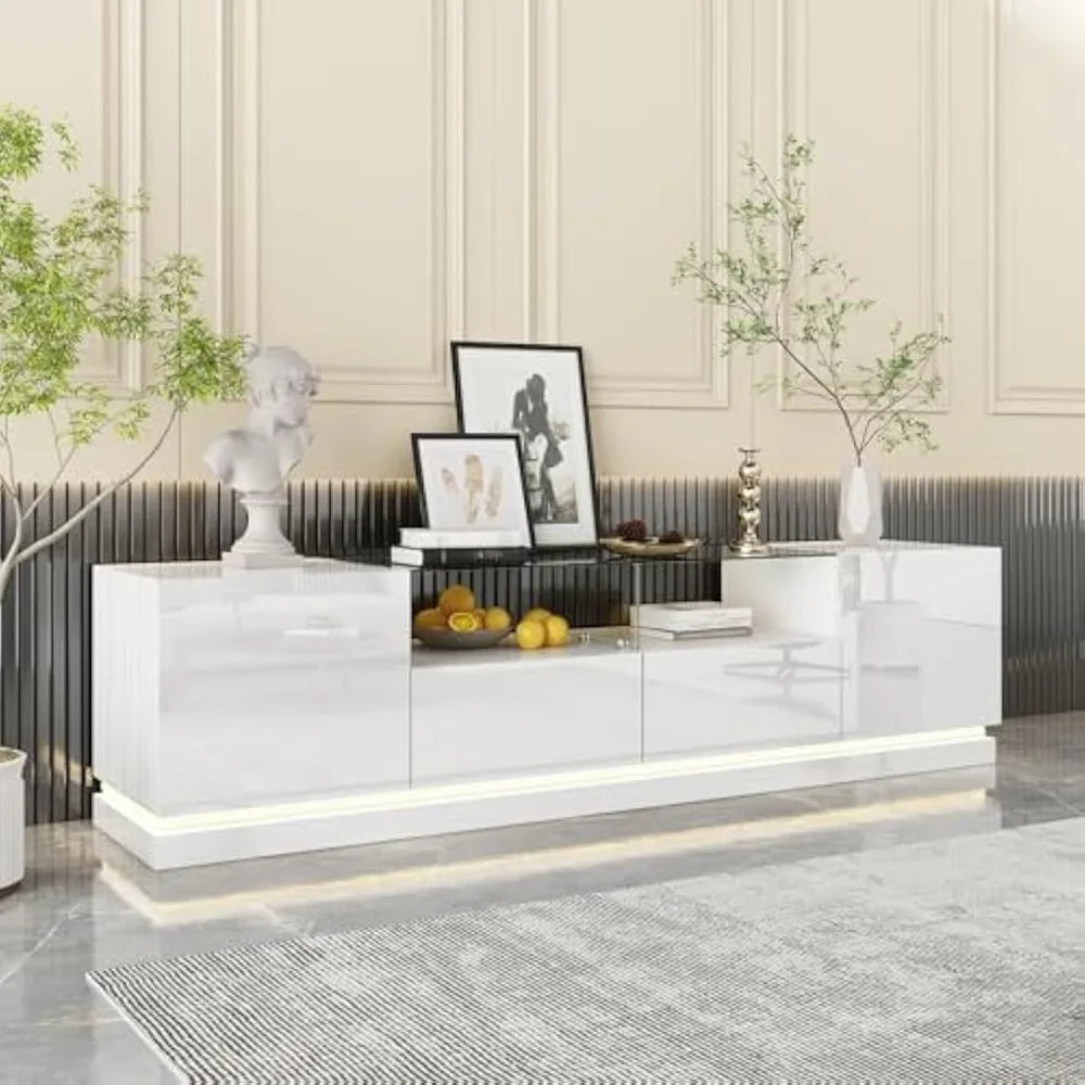 LED Glass TV Stand Console With Drawers Shelves and Cabinets for Modern Entertainment Center
