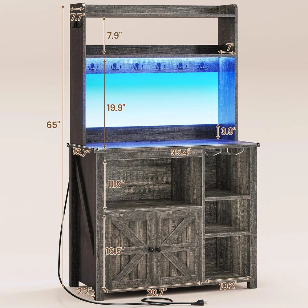 Farmhouse Coffee Bar Cabinet With LED Power Outlet And Hutch