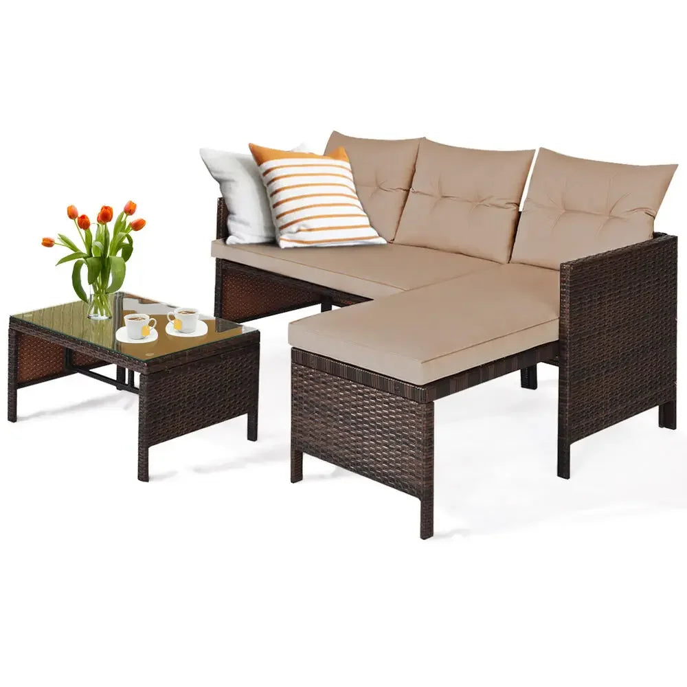 3 PCS Patio Wicker Rattan Sofa Set Sectional Conversation Furniture Set