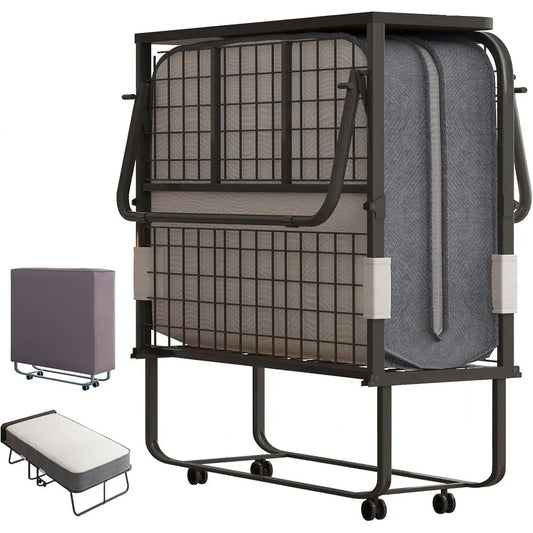 ZHUXIANG Portable Rollaway Bedstead With Mattress Headboard And Reinforced Casters