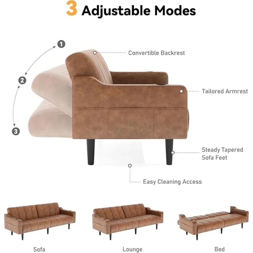 HUANZHUANG Faux Leather Sofa Bed With Adjustable Backrest