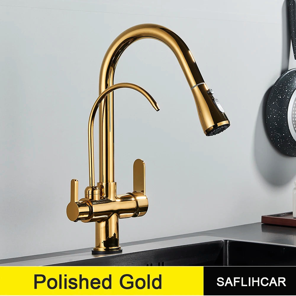 SAFLIHCAR Pull Out Dual Water Modes Kitchen Faucet With Cold And Hot Water Purification Deck Mounted Brass