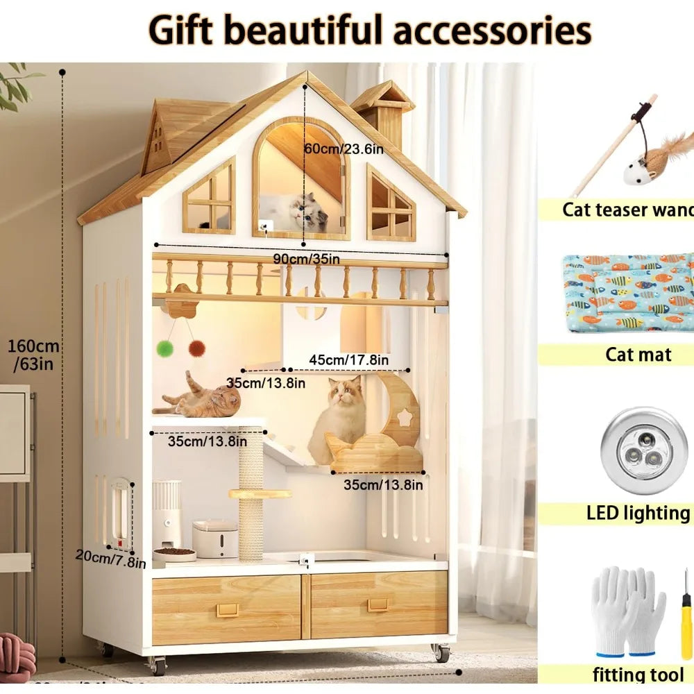 Wooden Enclosed Cat Condo On Wheels With Litter Box