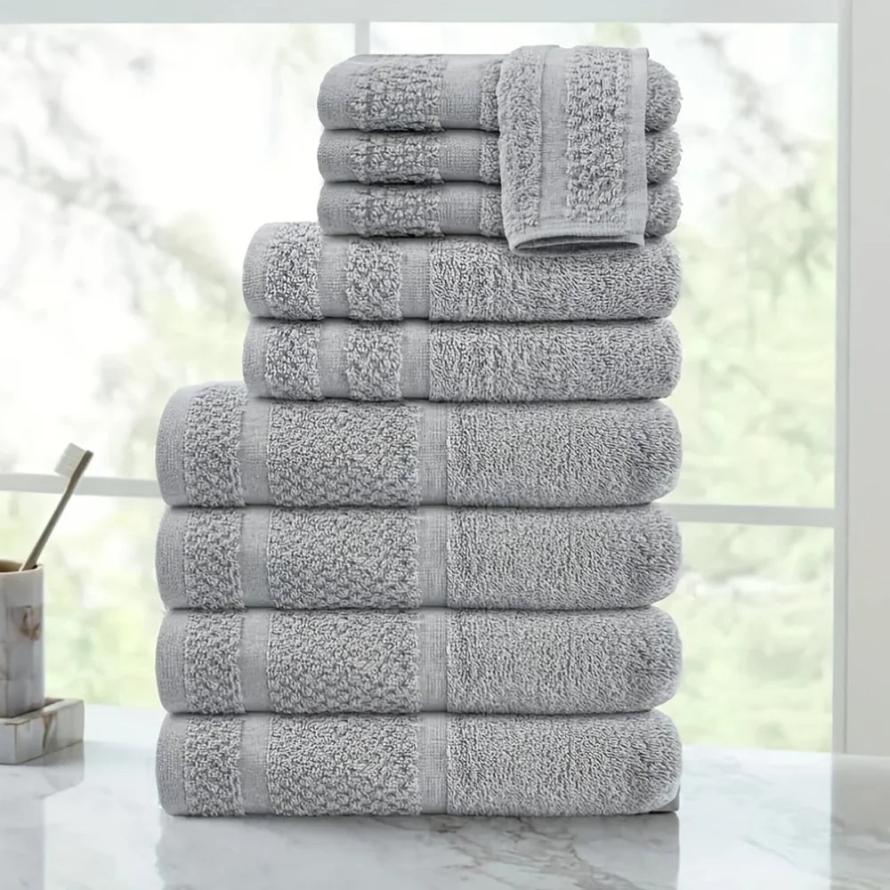Cotton Polyester Bath Towel Set 10 Pieces Quick Dry Absorbent Towels Washcloths Essentials