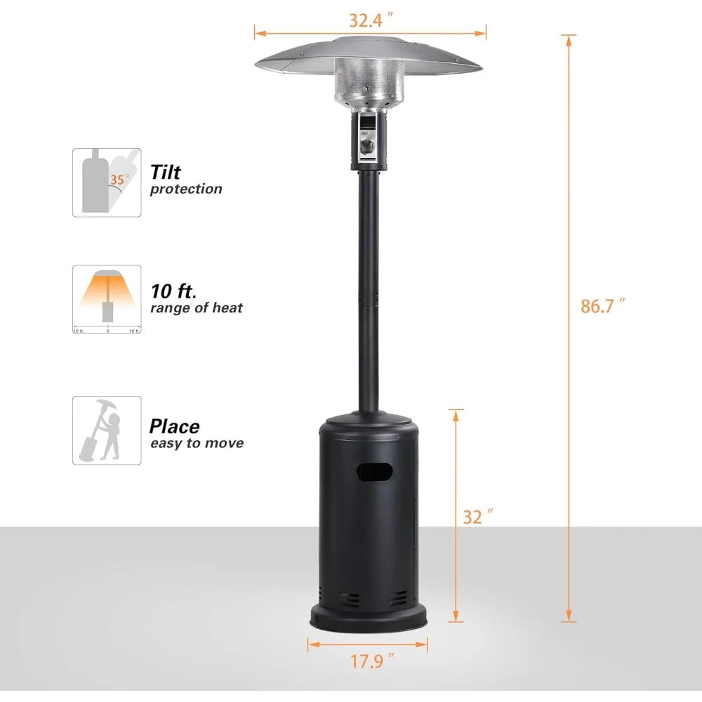 Patio Heater Outdoor Gas Powered Tower Style With Wheels For Mobility And Outdoor Use