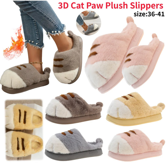 3D Cat Paw Slippers Women's Non Slip Warm Furry Mules